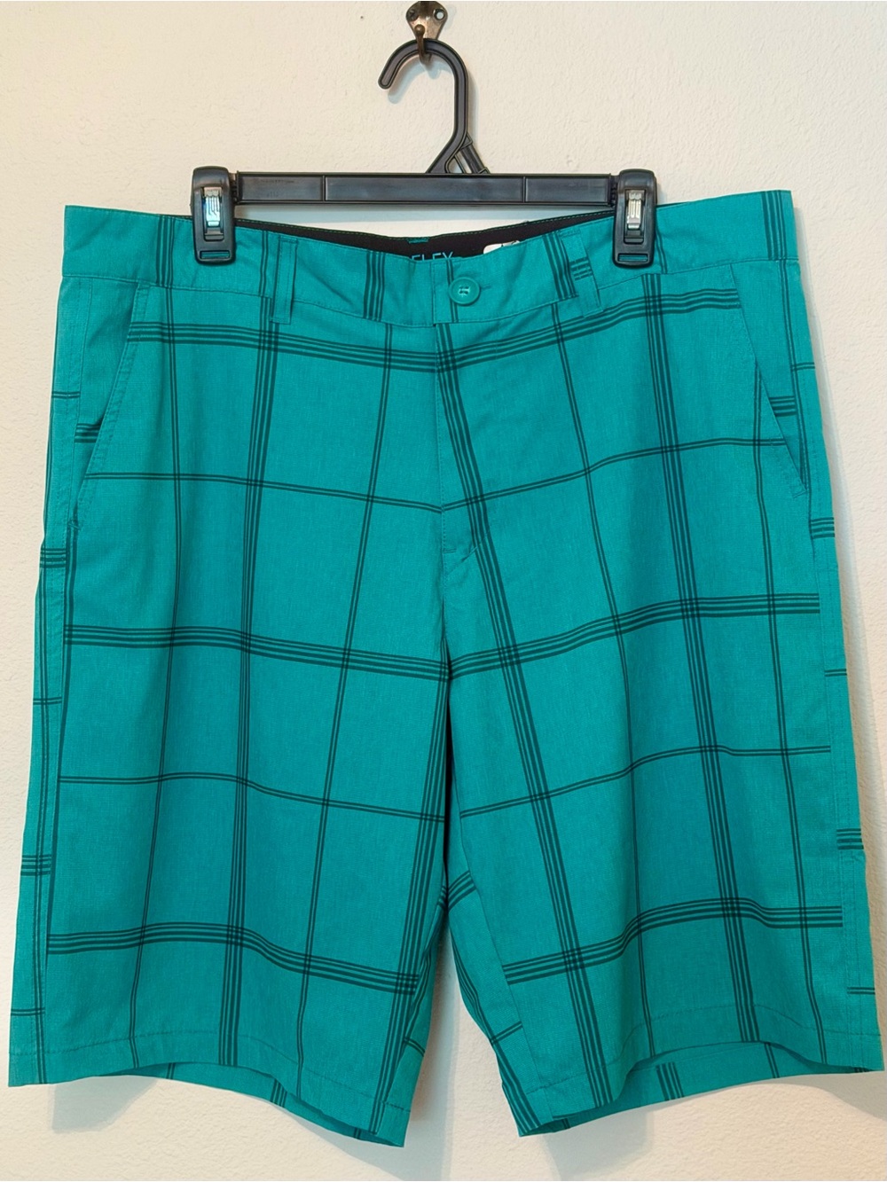 OP Flex Teal Plaid Flat-Front Men's Shorts 36